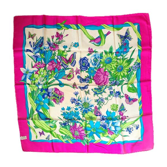 MCM -ONLY ONE- Hot Pink & Blue Floral Butterfly Print 34" 100% Silk Scarf VGUC - Picture 3 of 11